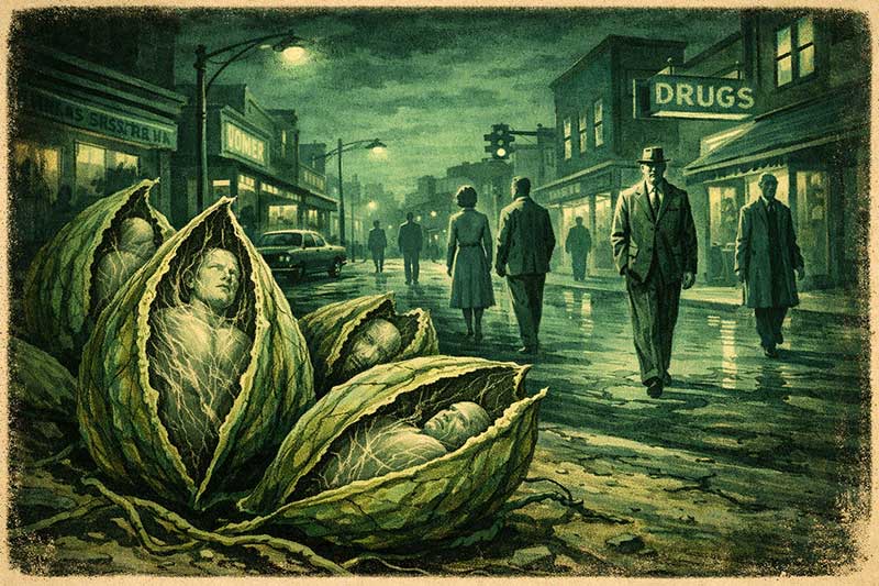 Illustrazione vintage: baccelli alieni e figure umane senza emozioni in una cittadina americana anni ’50